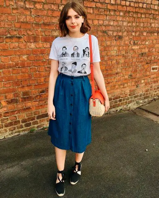 Saia Jeans Midi: Look básico com T-Shirt