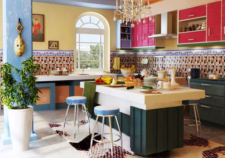Cozinha em estilo mediterrâneo colorido