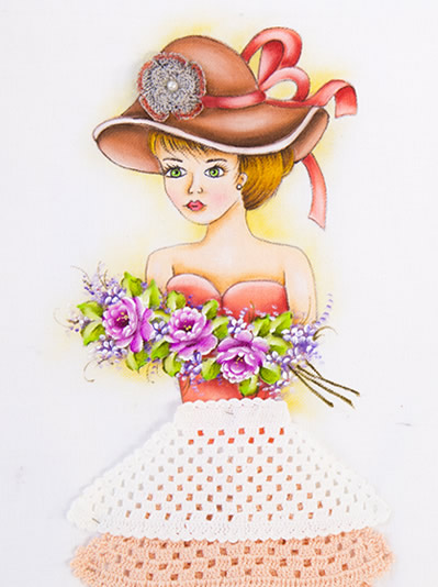 Pintura de menina com chapéu e saia de babado de crochê