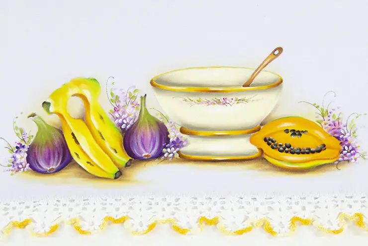 Pintura em pano de prato de banana, figo e mamão
