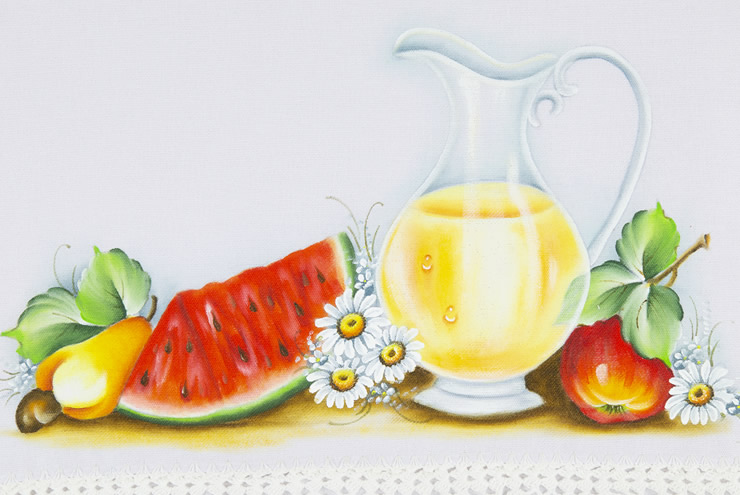 Pintura em pano de prato de frutas e jarra