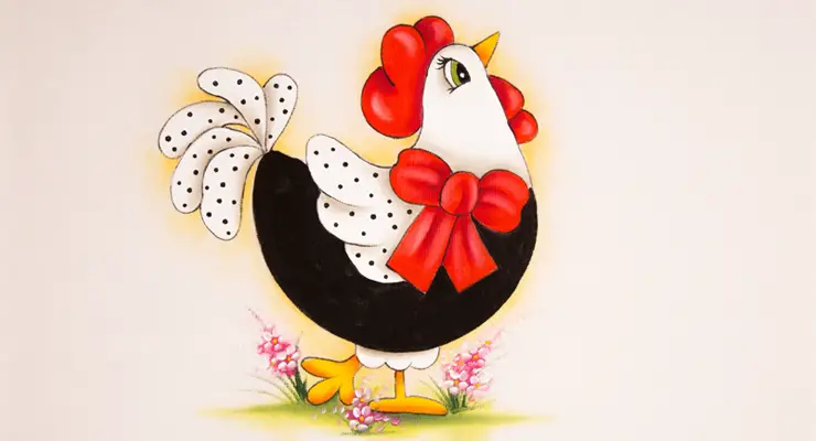 Pintura em pano de prato galinha com laço