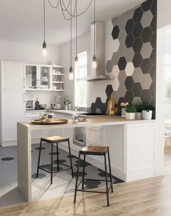 Cozinha Americana Com Sala: Revestimento hexagonal