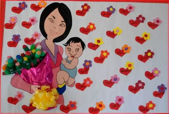 Painel para o Dia das Mães com corações e buquê de flores