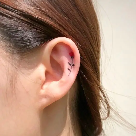 Tatuagem de rosa delicada na orelha
