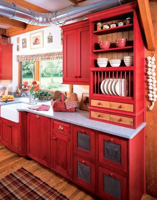 Cozinha rústica vermelha